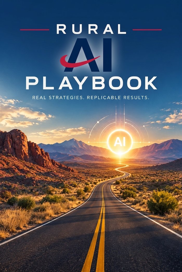Rural AI Playbook cover concept: the AI-Powered Success mark above a desert highway leading toward a rising sun rendered as a glowing circuit icon