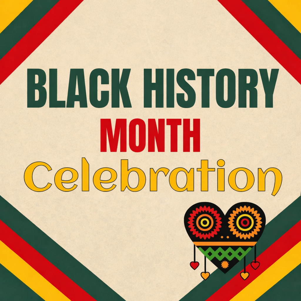 Graphic featuring bold “Black History Month Celebration” text on a beige background with red, green, and gold accents and a decorative heart design in the corner