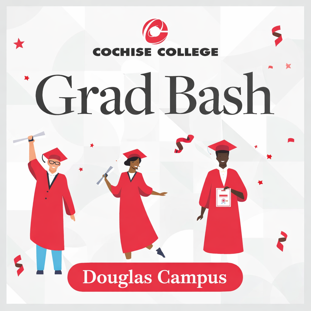 Square graphic for Cochise College Grad Bash with illustrated graduates in red caps and gowns and the text “Douglas Campus.”