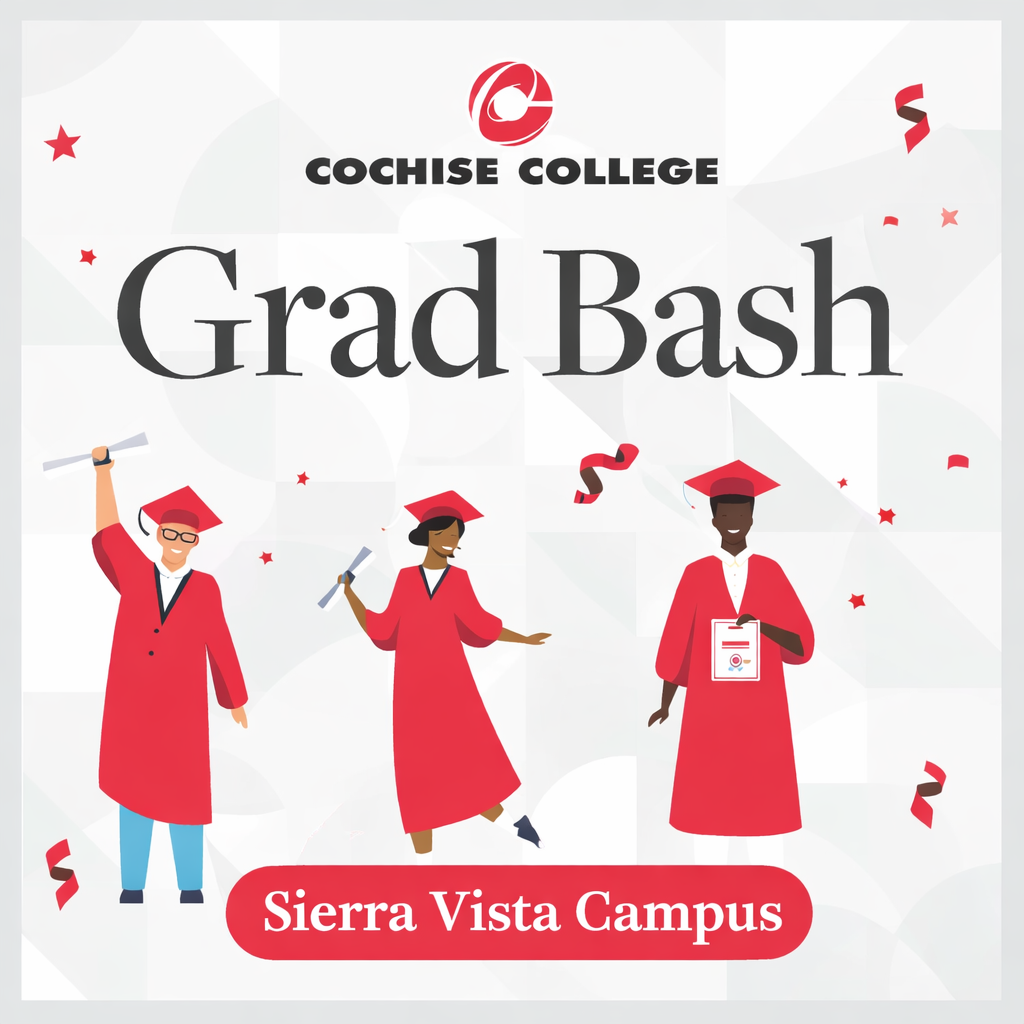 Square graphic for Cochise College Grad Bash with illustrated graduates in red caps and gowns and the text “Sierra Vista Campus.”