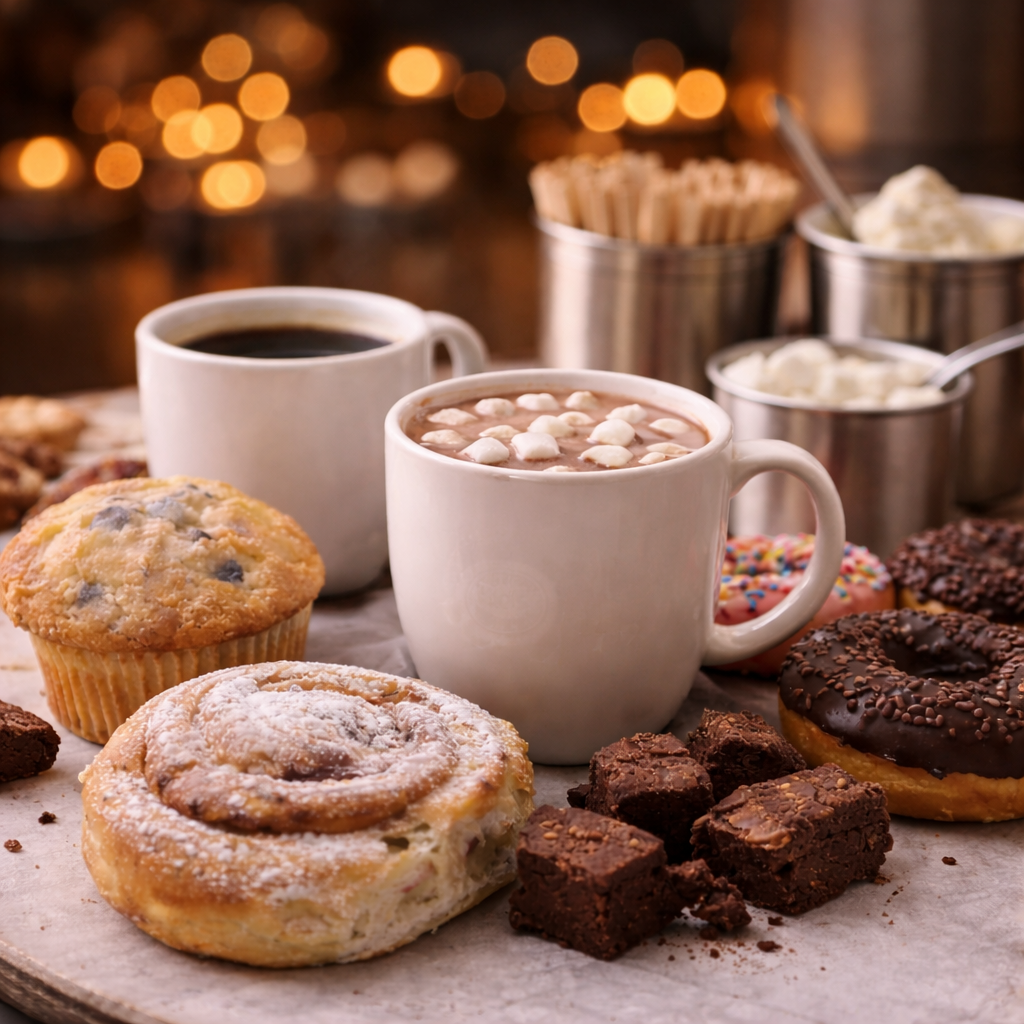 Coffee and hot cocoa with marshmallows surrounded by pastries on a table, set against a softly lit, blurred indoor background.