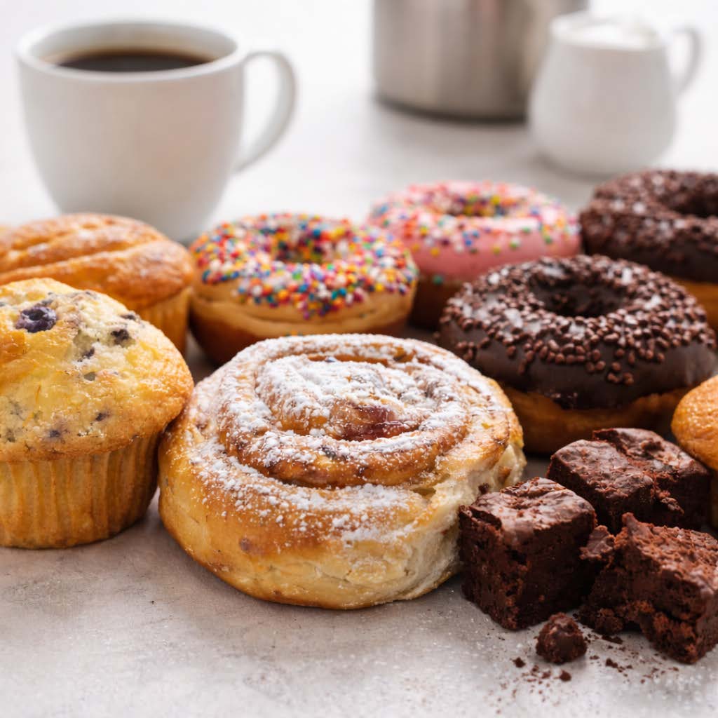Coffee cups and assorted pastries, including muffins, donuts, brownies, and a cinnamon roll, arranged on a table.