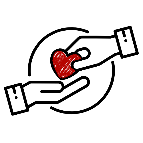 Graphic of one hand giving a red heart to another, symbolizing care, kindness, and support.