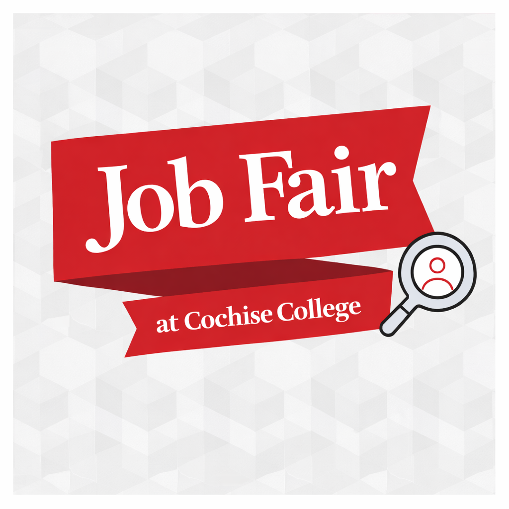 Square graphic with a light gray geometric background. A bold red banner reads “Job Fair,” with a smaller red ribbon below that says “at Cochise College.” A magnifying glass icon appears to the right.