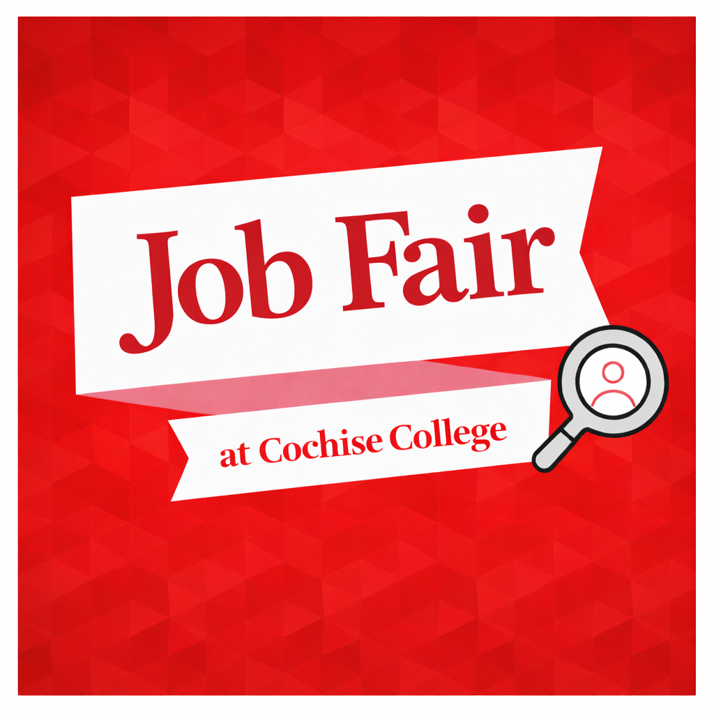 Square graphic with a red geometric background. A white ribbon reads “Job Fair” in red text, with a smaller white ribbon below that says “at Cochise College,” plus a magnifying glass icon.