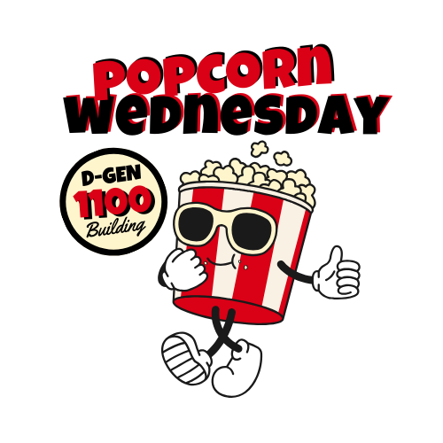 Cartoon popcorn bucket with sunglasses, smiling, giving a thumbs-up.