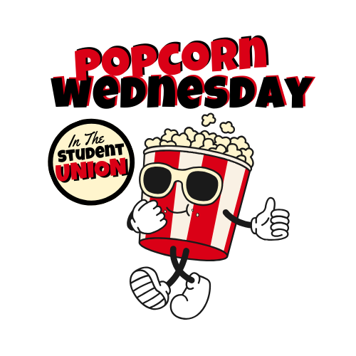 Cartoon popcorn bucket with sunglasses, smiling, giving a thumbs-up.