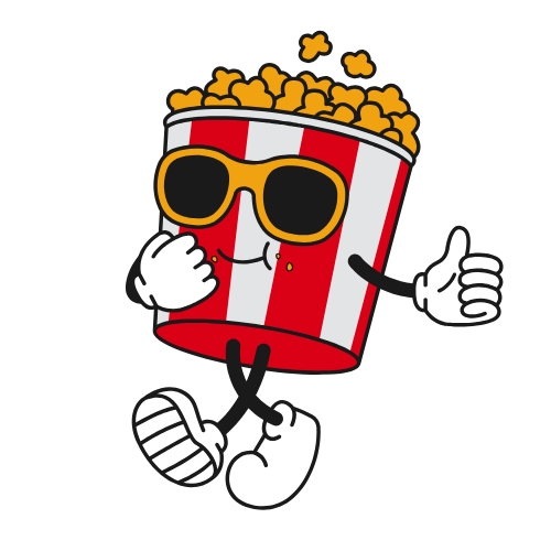 Cartoon popcorn bucket with sunglasses, smiling, giving a thumbs-up.
