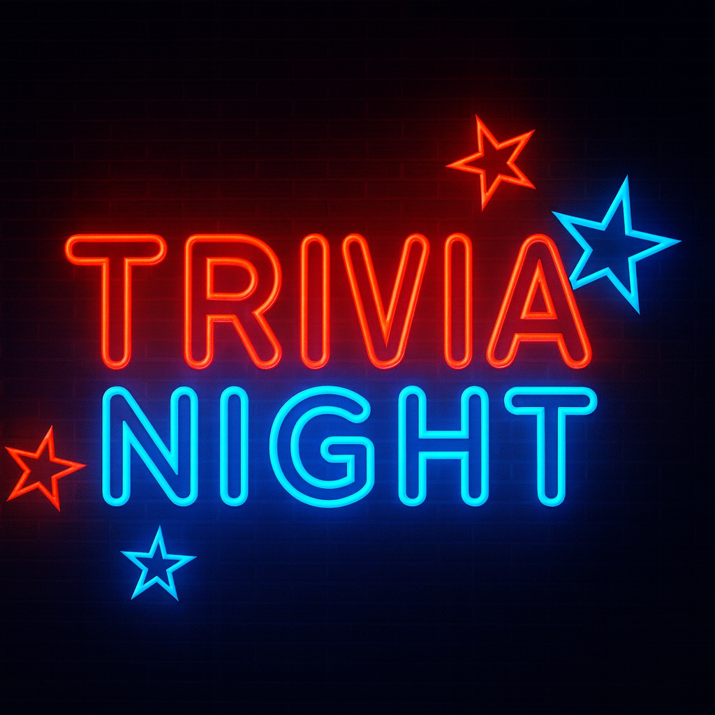 Neon sign design with the words ‘Trivia Night’ in glowing red and blue letters, surrounded by neon stars on a dark background.