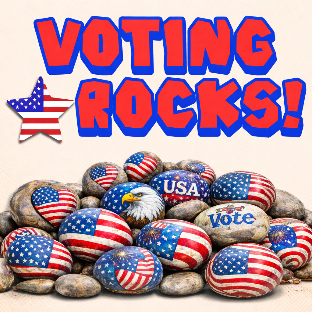 Graphic with the words ‘Voting Rocks!’ above a pile of rocks painted with American flag designs.