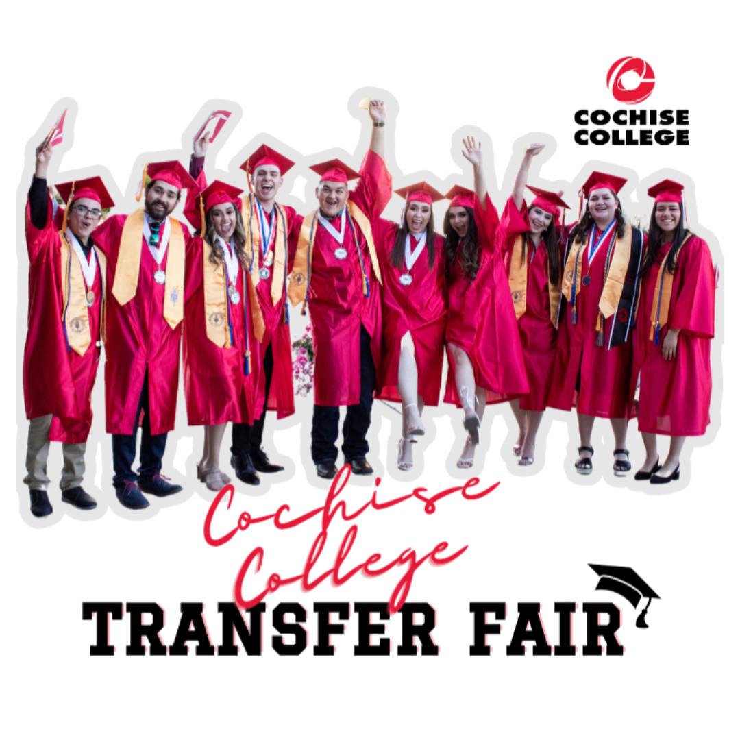 A group of Cochise College graduates in red caps and gowns celebrate together with hands raised. The image includes the Cochise College logo and the text “Cochise College Transfer Fair” with a graduation cap icon.