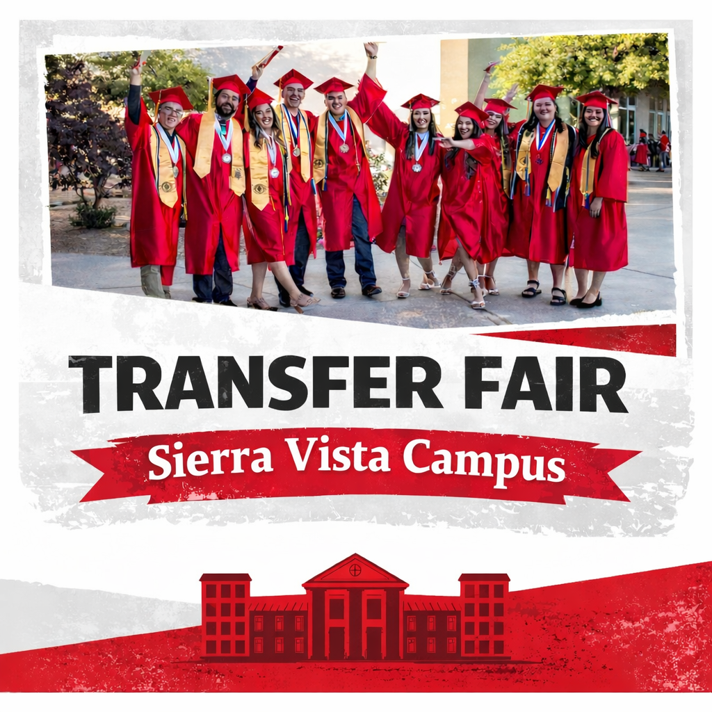 Students in red graduation caps and gowns celebrate above bold text reading “Transfer Fair – Sierra Vista Campus” with a red campus graphic belo