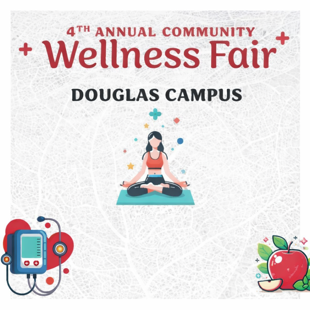 4th Annual Community Wellness Fair at the Douglas Campus with wellness icons and light gray leafy background.