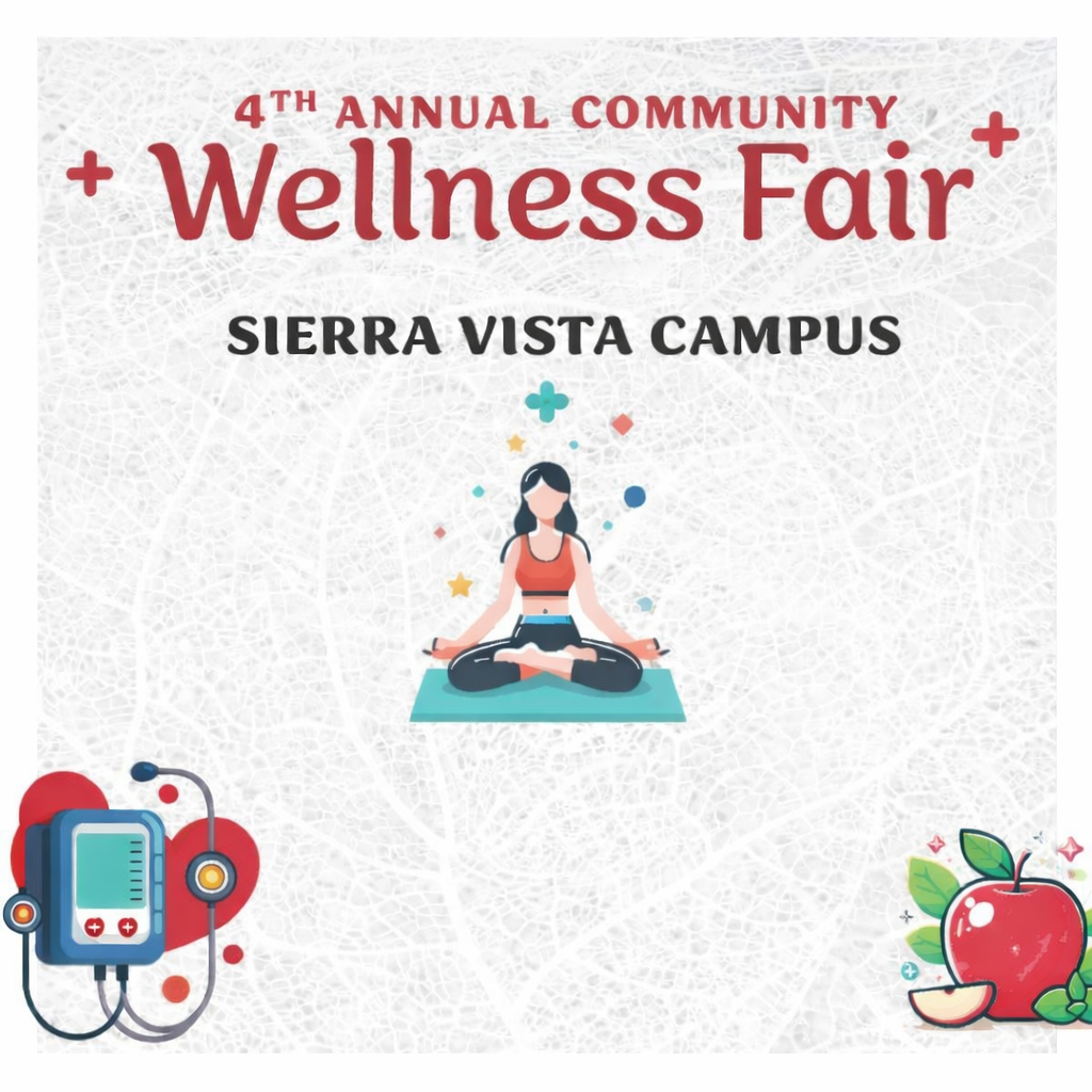4th Annual Community Wellness Fair at the Sierra Vista Campus with wellness icons and a light gray leafy background.