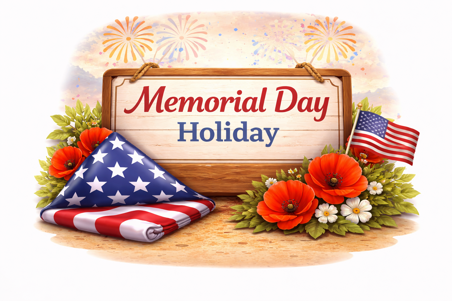 memorial day logo with text and a flag.