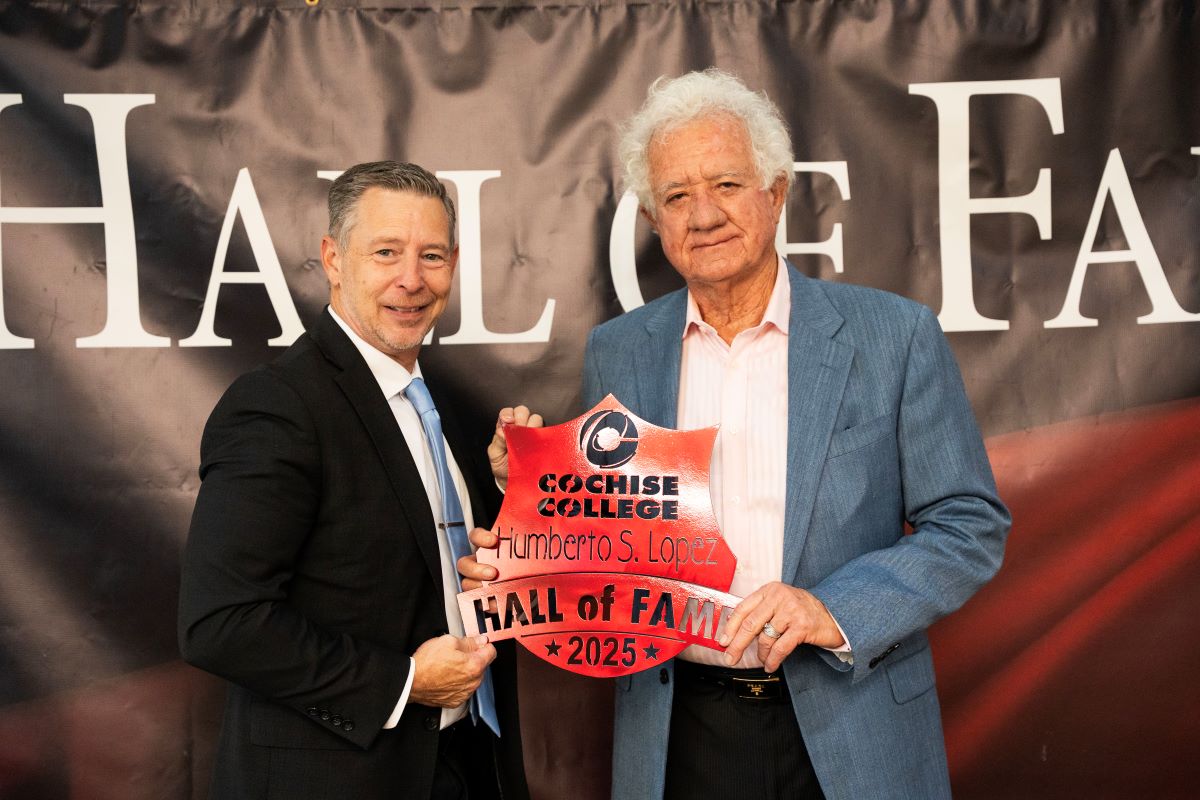 Humberto Lopez and Dr. James Perey posing at the 2026 Cochise College Hall of Fame Ceremony